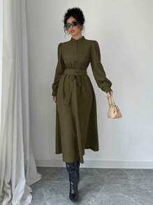 Elenzga Vestido Longo Sólido de Inverno para Mulheres com Manga Longa, Colarinho Reto, Zíper Até a Cintura e Amarração na Cintura, para Looks Elegantes, Casuais, Negócios e Viagens - Verde Militar - Visão 3