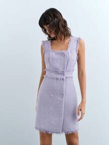 Maija Women's Autumn/Winter Square Collar Fringed Sequin Tweed Elegant Sleeveless Mini Dress