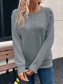 EMERY ROSE Women's Round Neck Long Sleeve Casual Sweater With Faux Pearl Decor In Fall/Winter - Light Grey - View 5