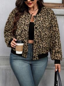 SHEIN LUNE Plus Size Women's Casual Leopard Pattern Patchwork Long Sleeve Jacket For Fall/Winter - Multicolor - View 1