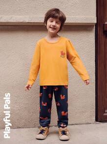SHEIN 2 Pcs Young Boys Sets Fun Fox Print T-Shirt & Sweatpants Cute/Vintage/Casual/Home/Outdoor Winter/Fall Outfits