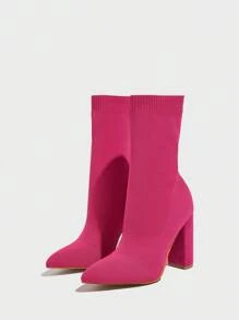 CUCCOO BASICS Botas de tobillo de punto de ajuste ceñido con tacón grueso y elástico de punta afilada para mujer, para el ambiente y los zapatos de primavera, Semana Santa - Rosa Fucsia - Ver 5