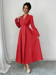 Elenzga 女士优雅端庄通勤长袖立领前扣腰修身纯色连衣裙新年衣服长款女装 - 紅色 - 查看 4
