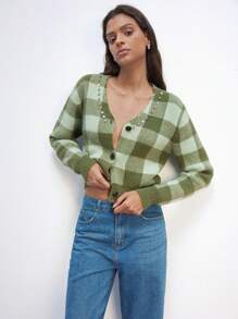 Maija 女式格子 V 领长袖单排扣休闲开衫，秋冬 - 橄欖綠 - 查看 6