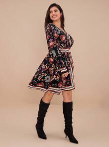 SHEIN VCAY Plus Size Front Tie Long Sleeve Printed Casual Mini Dress - Multicolor - View 4
