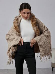 SHEIN Privé Women's Casual Patchwork Fluffy Batwing Sleeve Cardigan, Autumn/Winter - Coffee Brown - View 2
