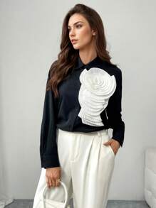 Firerie Women Elegant Commute Black & White Contrast Collar Long Sleeve Blouse