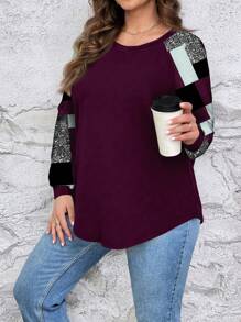 SHEIN LUNE Plus Size Women Casual Colorblock Square Pattern Raglan Sleeve Round Neck Loose T-Shirt, Suitable For Spring & Autumn - Purple - View 5