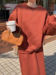 DAZY 女士休闲圆领长袖上衣和裙子套装（2件套），适合秋季、冬季、圣诞节、新年等节日穿着，家居服套装。