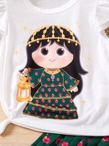 SHEIN 2 件套女孩中东束腰外衣 Abaya Kaftan Jalabiya 斋月卡通女孩印花紫红色玫瑰花卉褶皱裤和白色盖袖 T 恤、红色阔腿裤，春夏舒适服装 - 彩色 - 查看 6