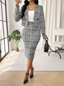 SHEIN Lady 格纹女两件套 女外套女修身直筒裙 日常通勤上班 秋冬优雅女装套装 - 黑與白 - 查看 4