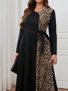 Modelyn Plus Size Leopard Print Tied Dress, Casual And Fashion Suitable For Daily Wear Long Evening Dresses