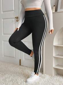 SHEIN EZwear Quần legging ôm vừa vặn họa tiết vá màu trơn cỡ lớn, mặc thường ngày - màu đen - Xem 2