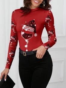 SHEIN Clasi Świąteczna, swobodna czapka Mikołaja i wzór kieliszka do wina, dopasowana koszulka z długim rękawem, góra odpowiednia na jesień/zimę