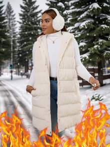 SHEIN LUNE Plus Size Women's Long Hooded Sleeveless Coat,Extra Thick Warm White Autumn Casual Hiking Padded Jackets,Full Zip Parkas With Pockets Winter Coats - Apricot - View 1