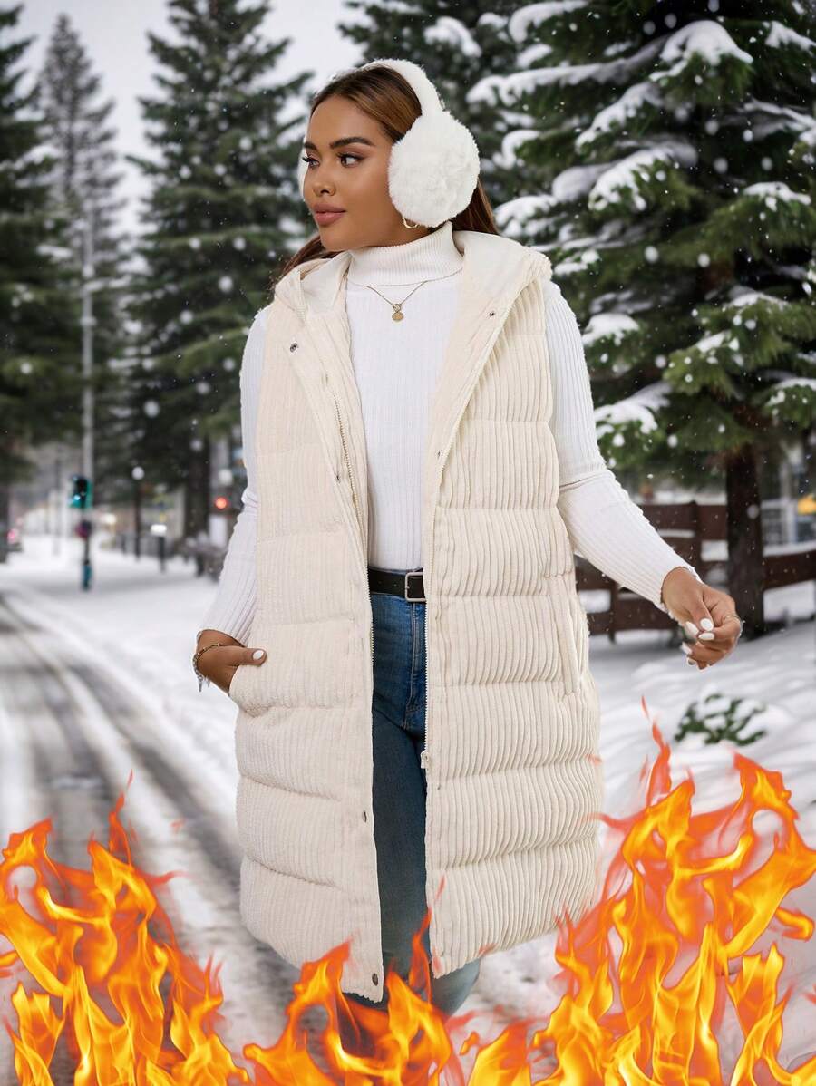SHEIN LUNE Plus Size Women's Long Hooded Sleeveless Coat,Extra Thick Warm White Autumn Casual Hiking Padded Jackets,Full Zip Parkas With Pockets Winter Coats - Apricot - View 1