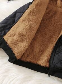 SHEIN 新生男婴/女婴可爱字母贴片毛绒衬里拉链连帽绗缝夹克，厚保暖衬里，适合秋冬季 - 藏蓝色 - 查看 10