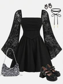 SHEIN Leap Crew Váy suông ren xòe tay loe cổ vuông màu đen trơn cho bé gái tuổi mới lớn, mặc hàng ngày vào mùa thu đông, váy mùa đông cho ngày lễ, cho lễ Halloween - trắng - Xem 2