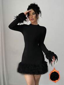 Rafferiza Women Crew Neck Long Sleeve Fuzzy Patchwork Casual Mini Sweater Dress
