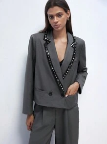 Maija 女士时尚都市撞色领水钻垫肩短款双排扣灰色西装外套，时尚简约，适合春夏季节，适合情人节、派对和聚会节日 - 灰色 - 查看 3