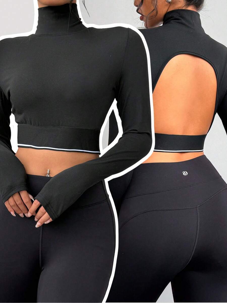 SHEIN BASICS 女士休闲纯色针织高领长袖镂空后背短款上衣 - 黑色 - 查看 1