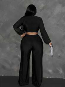 Maweii 大码女款两件套，金属装饰短款上衣和直筒裤 - 黑色 - 查看 2