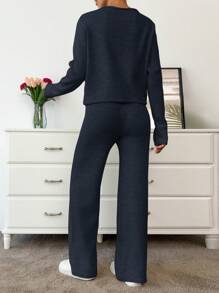 EURMUSE Women's Solid Color Long Sleeve Single Breasted Knit Sweater Cardigan And Knit Pants 2 Piece Casual Set, Autumn/Winter - Navy Blue - View 3