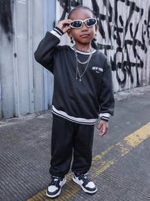 SHEIN 2pcs/Set Young Boy Outfit,Autumn Back-To-School Career Day Round Neck Top,Sweatpants,Color-Block Stripes,Printed Letter,Elastic Waistband Comfortable - Black - View 5