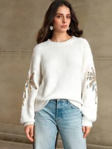 Anewsta Suéter de cuello redondo para mujer con decoración de lentejuelas y bordados, de alta gama, para otoño/invierno