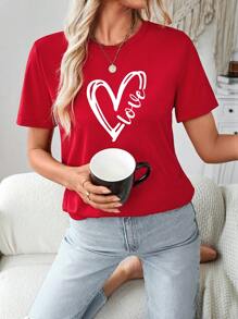 SHEIN Essnce Heart & Letter Combination Graphic Casual Loose Fit Crew Neck Short Sleeve Women T-Shirt - Red - View 4