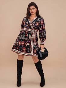 SHEIN VCAY Plus Size Front Tie Long Sleeve Printed Casual Mini Dress - Multicolor - View 6