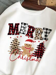 SHEIN Leap Crew Áo nỉ tay dài cổ tròn dày dặn, dáng rộng, in hình người bánh gừng và cây thông Noel dễ thương, phù hợp cho bé gái tuổi teen vào mùa thu/đông, áo nỉ Giáng sinh, áo nỉ Giáng sinh cho bé gái tuổi teen - trắng - Xem 3