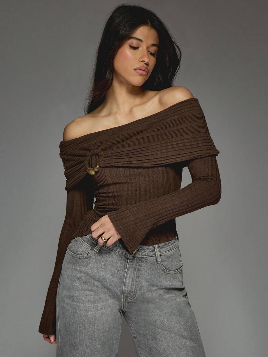 MISSGUIDED Ribbed Knit Off Shoulder Sweater Winter Autumn Long Sleeve Button Detail Cozy Wrap Style Casual Fashion Slim Fit Pullover Top - Coffee Brown - View 1