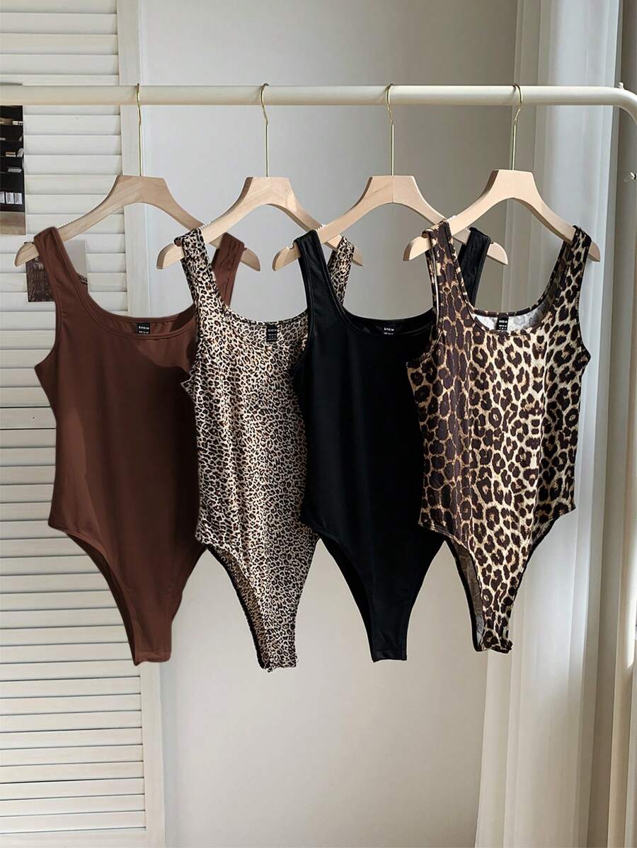 Comfortcana 4pcs/Set Assorted All-Match Leopard Pattern Black & White Versatile Socks, Spring/Summer - Brown - View 1