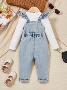 Quần yếm denim dây ren thêu họa tiết quả anh đào màu xanh nhạt cho bé gái, thiết kế thời trang đơn giản, thích hợp mặc hàng ngày - Rửa nhẹ - Xem 2
