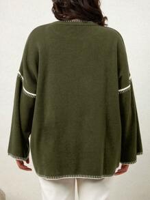 EURMUSE Plus Contrast Trim Drop Shoulder Sweater For Autumn & Winter - Army Green - View 2