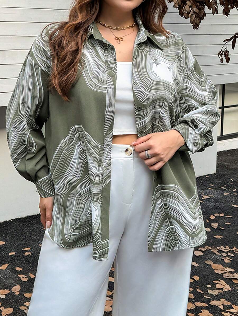 SHEIN Essnce Plus Size Linear Pattern Front Button Casual Long Sleeve Shirt - Mint Green - View 1
