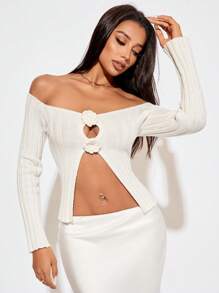 SHEIN SXY Dames effen kleur sexy holle 3D bloemen gebreide trui, herfst/winter, beige trui, dames truien, witte trui, off-the-shoulder trui, witte top,