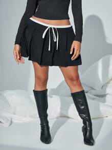 SHEIN SXY Váy xếp ly đen trắng tương phản dành cho nữ; Quần áo mùa thu cho nữ; Váy đen; Váy xếp ly; Thời trang đa năng tối giản - màu đen - Xem 6