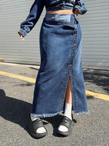 SHEIN ICON Plus Size Casual Denim Skirt With Foldover Waistband & Side Slit Design - Medium Wash - View 1