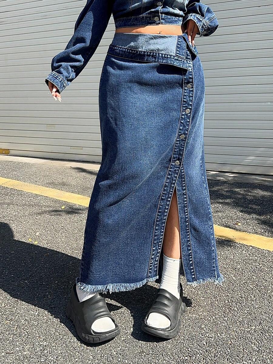 SHEIN ICON Plus Size Casual Denim Skirt With Foldover Waistband & Side Slit Design - Medium Wash - View 1