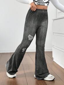 SHEIN Tween 女童针织牛仔效果仿旧印花休闲喇叭裤 - 黑色 - 查看 4