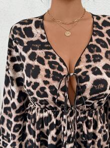Calvaya 大码女式豹纹长袖衬衫，前中系带，时尚秋季荷叶边上衣 - 彩色 - 查看 3
