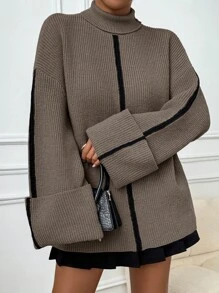 Uhlyne Women Drop Shoulder Contrast Color Folded Cuff High Neck Pullover Sweater, Autumn/Winter Knit Pullover Fall - Camel - View 1