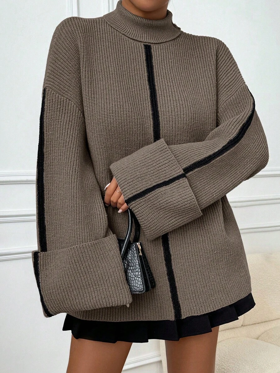 Uhlyne Women Drop Shoulder Contrast Color Folded Cuff High Neck Pullover Sweater, Autumn/Winter Knit Pullover Fall - Camel - View 1