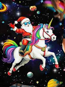 SHEIN 圣诞老人、独角兽、太空星印花“Merry And Bright”卫衣、圣诞卫衣、少女休闲简约圆领短袖T恤、适合夏季 - 彩色 - 查看 4