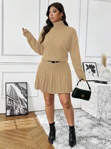 Franclia Conjunto de suéter de cuello de punto y falda mini acanalada de punto para talla grande, atuendo casual y versátil para uso diario en invierno