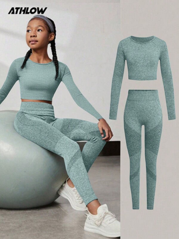 SHEIN Tween Girls Active Wear Outfit, Black Long Sleeve Top & Long Pants, Yoga Elastic Comfort Breathable Moisture-Wicking Sports Suit, Fashion & Minimalist Design