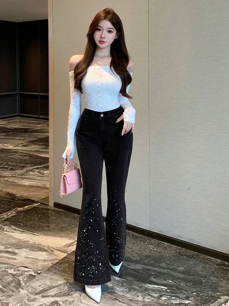 Women Flared Jeans With Gradient Rhinestone Embellished Hem Sequin Low Rise Jeans