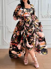 Lyrianda Plus Size Square Collar Floral Oil Painting Print Long Sleeve Drawstring Ruched Vintage Elegant Palace Style Maxi A-Line Dress For Party & Occasion